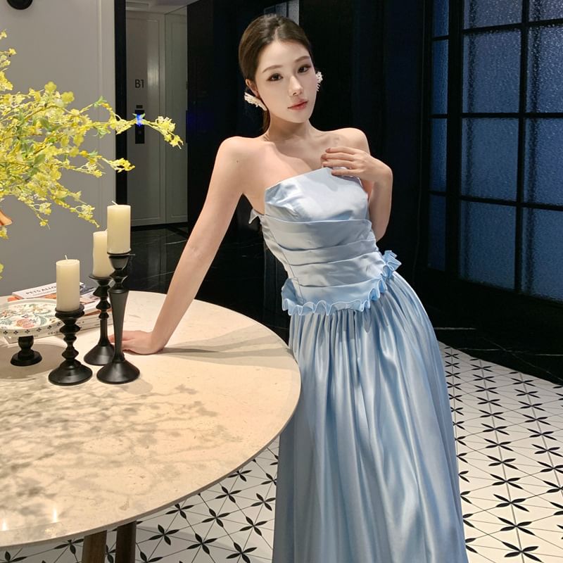 Strapless Plain Open Back Ruffle A-Line Evening Dress