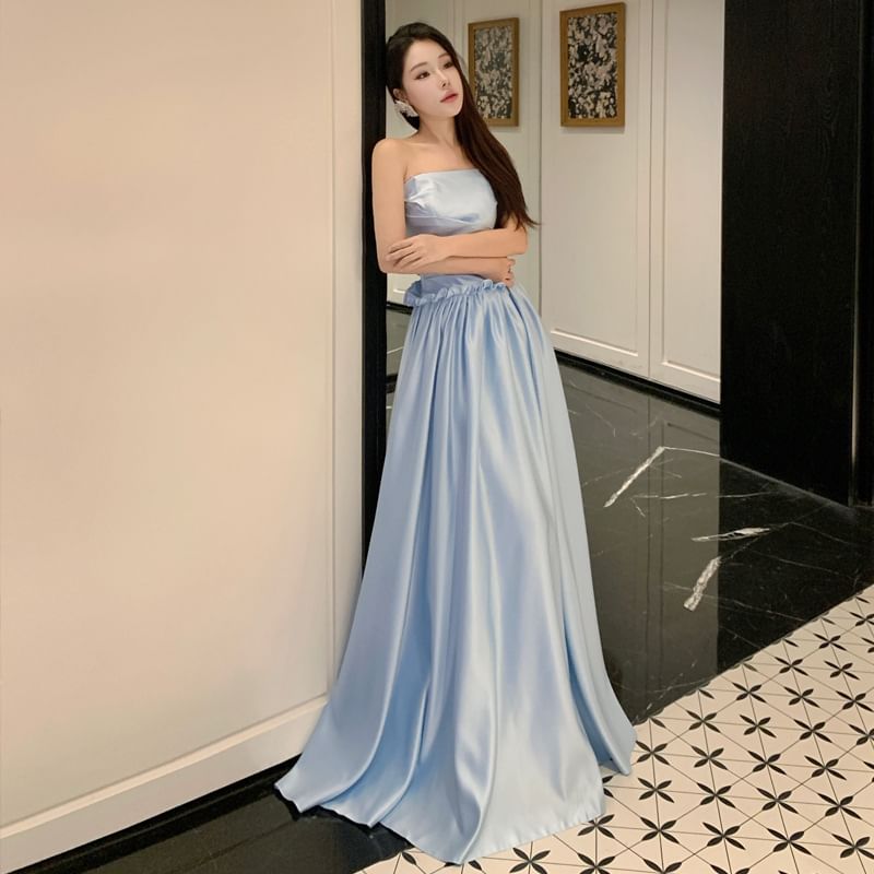 Strapless Plain Open Back Ruffle A-Line Evening Dress