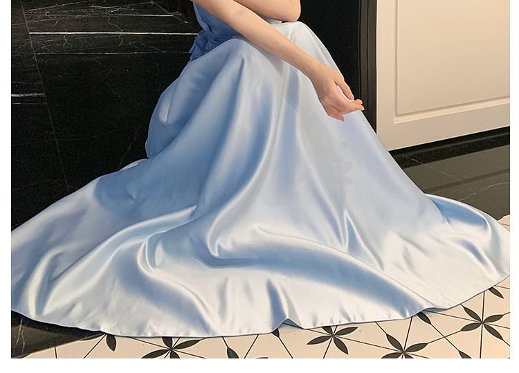 Strapless Plain Open Back Ruffle A-Line Evening Dress