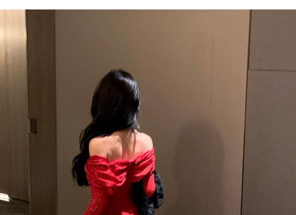 Flared-Sleeve Off-Shoulder Floral Lace Mermaid Evening Dress