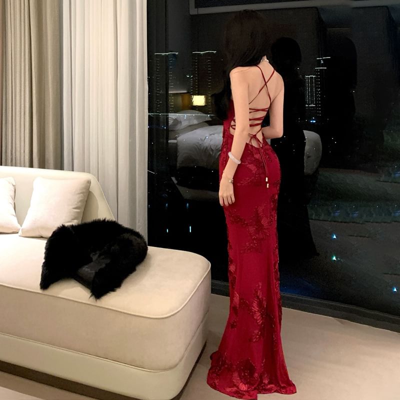 Halter Flower Embroidered Mermaid Evening Dress