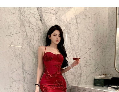 Halter Flower Embroidered Mermaid Evening Dress