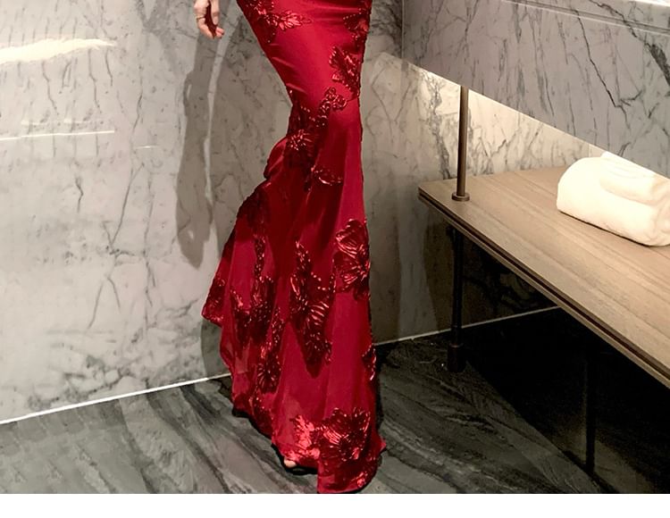 Halter Flower Embroidered Mermaid Evening Dress