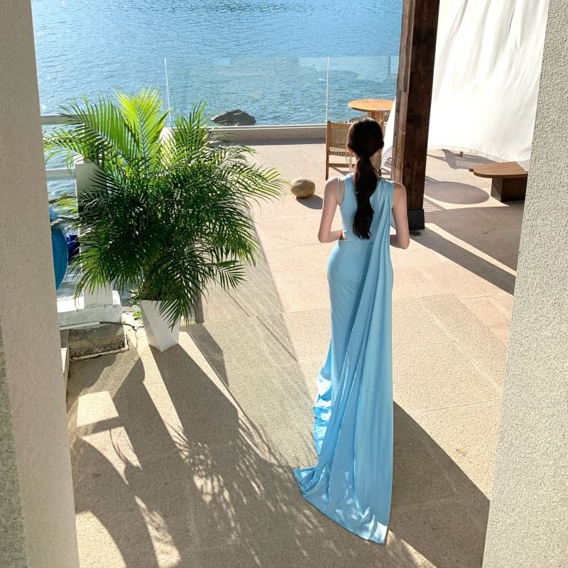 Sleeveless Plain Ruched Cutout Asymmetrical Side-Slit Sheath Evening Dress