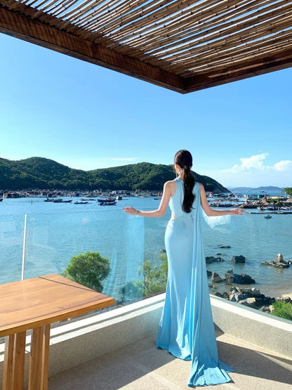 Sleeveless Plain Ruched Cutout Asymmetrical Side-Slit Sheath Evening Dress