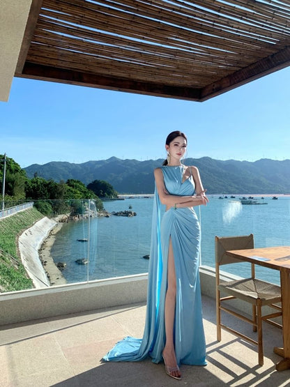 Sleeveless Plain Ruched Cutout Asymmetrical Side-Slit Sheath Evening Dress