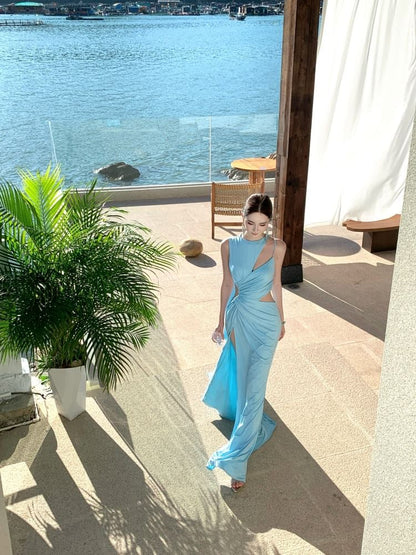 Sleeveless Plain Ruched Cutout Asymmetrical Side-Slit Sheath Evening Dress