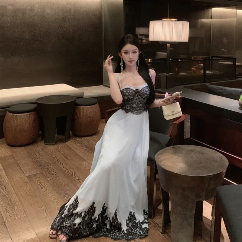 Spaghetti Strap Plain Lace Trim A-Line Evening Dress