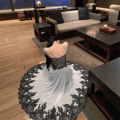 Spaghetti Strap Plain Lace Trim A-Line Evening Dress