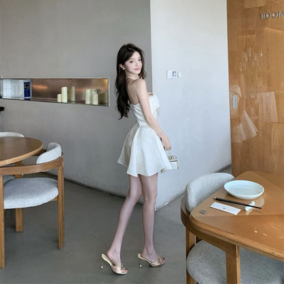 Strapless Plain Faux Pearl Bow Mini A-Line Cocktail Dress