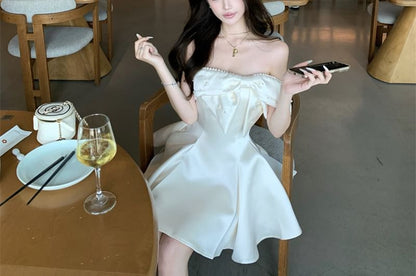 Strapless Plain Faux Pearl Bow Mini A-Line Cocktail Dress