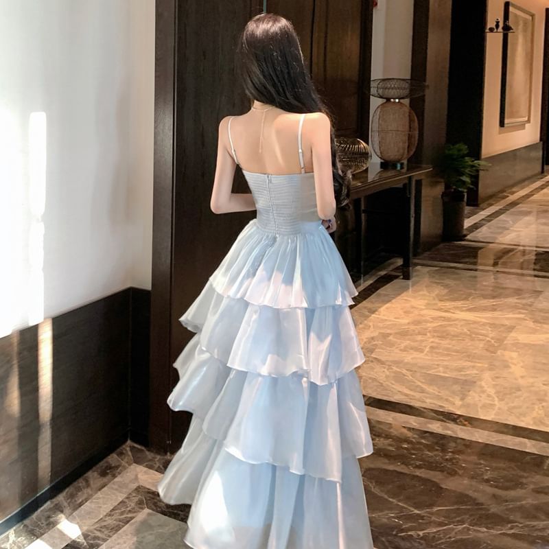 Spaghetti Strap Plain Tiered A-Line Evening Dress