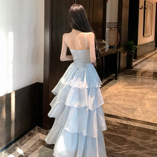Spaghetti Strap Plain Tiered A-Line Evening Dress