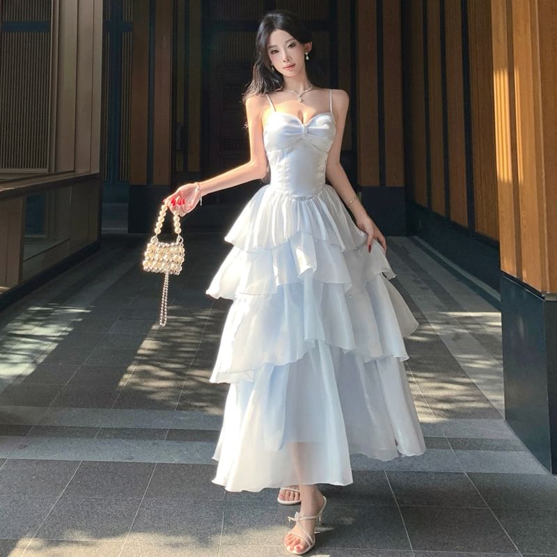 Spaghetti Strap Plain Tiered A-Line Evening Dress