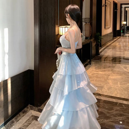 Spaghetti Strap Plain Tiered A-Line Evening Dress