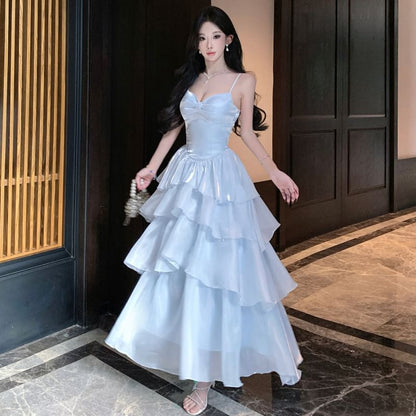 Spaghetti Strap Plain Tiered A-Line Evening Dress