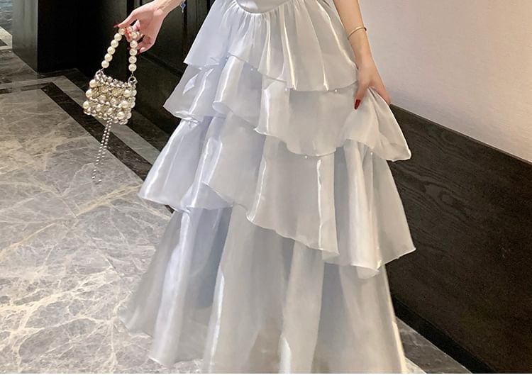 Spaghetti Strap Plain Tiered A-Line Evening Dress