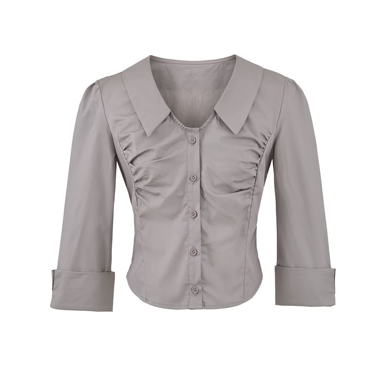 Ruched Collared Crop Blouse with Three-Quarter Sleeves