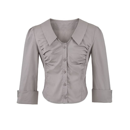 Ruched Collared Crop Blouse with Three-Quarter Sleeves