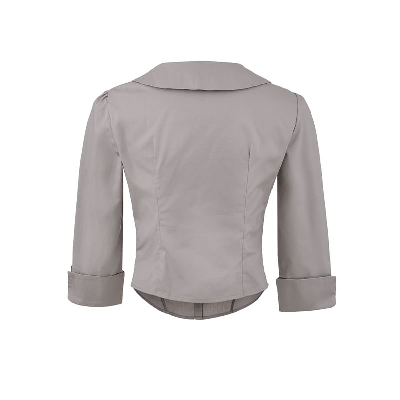 Ruched Collared Crop Blouse with Three-Quarter Sleeves