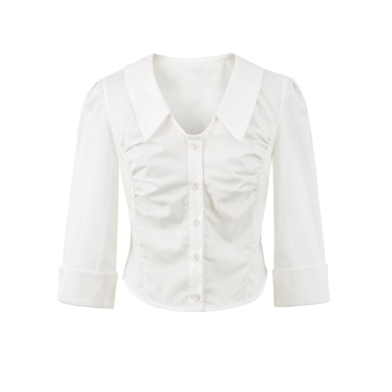 Ruched Collared Crop Blouse with Three-Quarter Sleeves