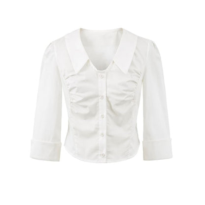 Ruched Collared Crop Blouse with Three-Quarter Sleeves