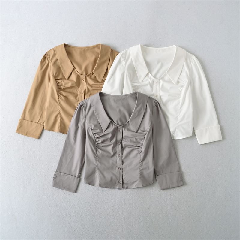 Ruched Collared Crop Blouse with Three-Quarter Sleeves