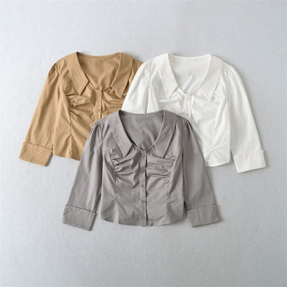 Ruched Collared Crop Blouse with Three-Quarter Sleeves
