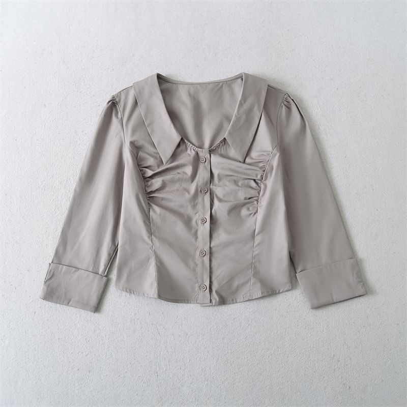 Ruched Collared Crop Blouse with Three-Quarter Sleeves