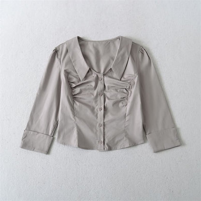 Ruched Collared Crop Blouse with Three-Quarter Sleeves