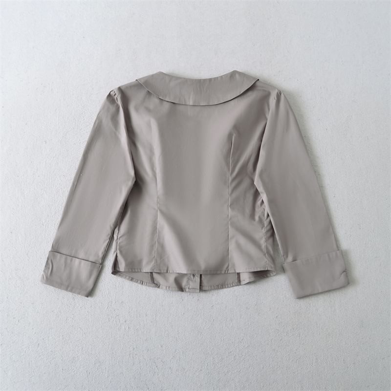 Ruched Collared Crop Blouse with Three-Quarter Sleeves
