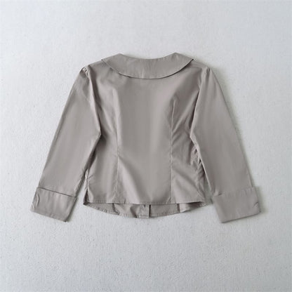 Ruched Collared Crop Blouse with Three-Quarter Sleeves