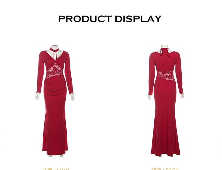Long-Sleeve Halter Neck Lace Panel Ruched Maxi Mermaid Dress