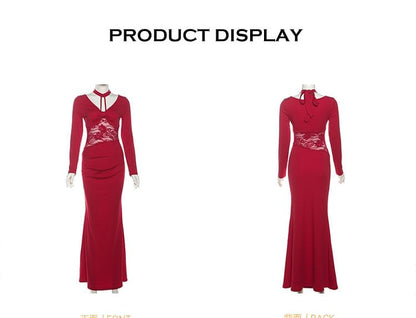 Long-Sleeve Halter Neck Lace Panel Ruched Maxi Mermaid Dress