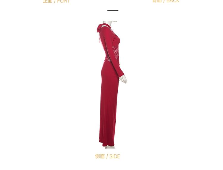 Long-Sleeve Halter Neck Lace Panel Ruched Maxi Mermaid Dress