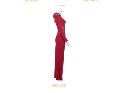 Long-Sleeve Halter Neck Lace Panel Ruched Maxi Mermaid Dress