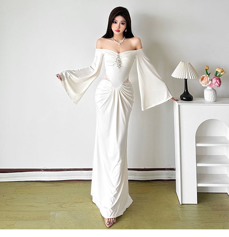 Long-Sleeve Off-Shoulder Lace Panel Rhinestone Ruched Maxi Mermaid Dress