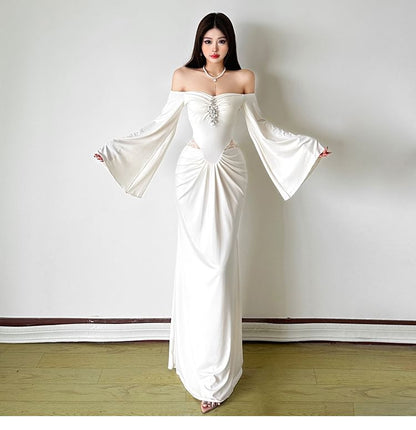 Long-Sleeve Off-Shoulder Lace Panel Rhinestone Ruched Maxi Mermaid Dress