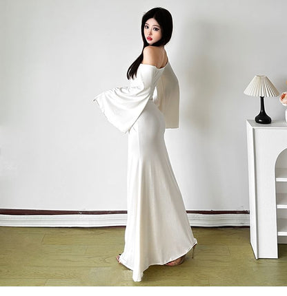 Long-Sleeve Off-Shoulder Lace Panel Rhinestone Ruched Maxi Mermaid Dress