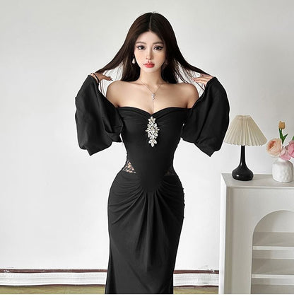 Long-Sleeve Off-Shoulder Lace Panel Rhinestone Ruched Maxi Mermaid Dress