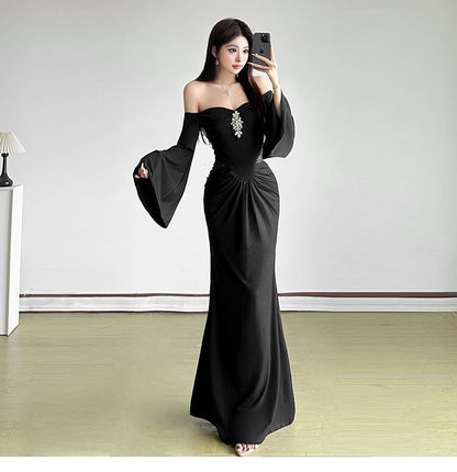 Long-Sleeve Off-Shoulder Lace Panel Rhinestone Ruched Maxi Mermaid Dress