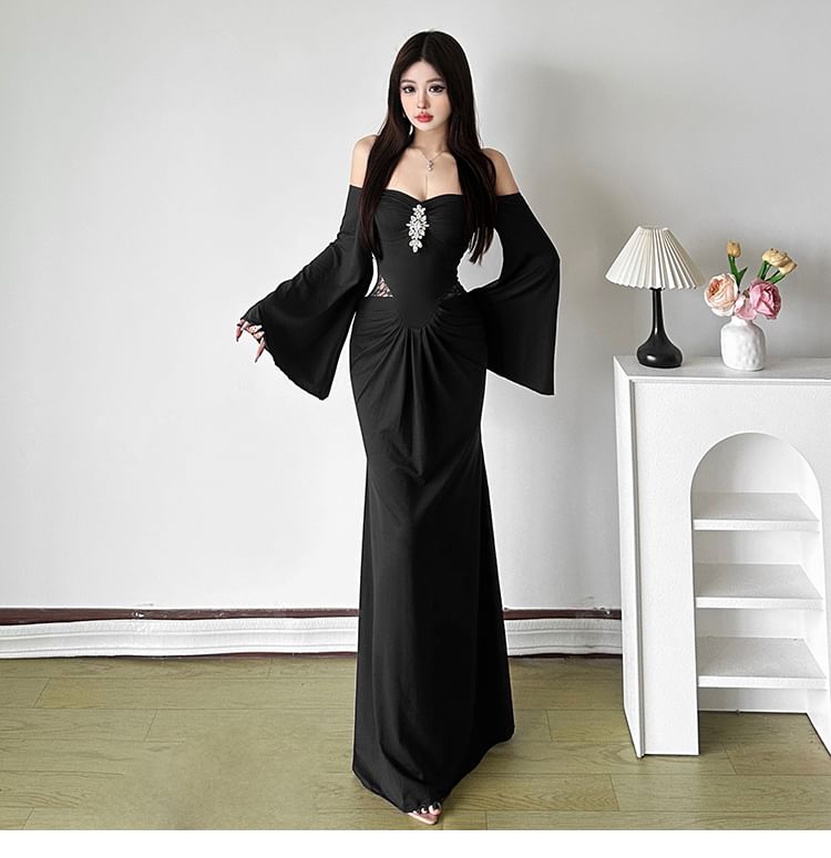 Long-Sleeve Off-Shoulder Lace Panel Rhinestone Ruched Maxi Mermaid Dress
