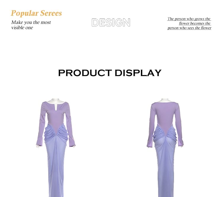 Long-Sleeve Notch Neck Ruched Panel Maxi Sheath Dress