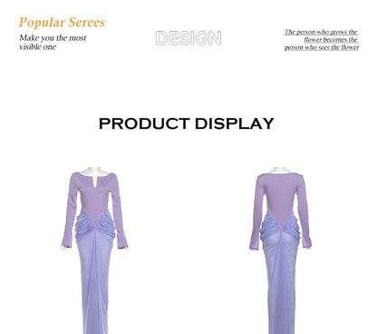 Long-Sleeve Notch Neck Ruched Panel Maxi Sheath Dress