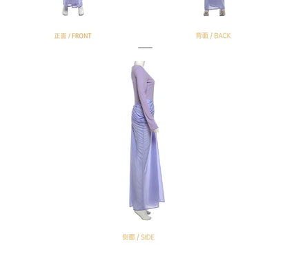 Long-Sleeve Notch Neck Ruched Panel Maxi Sheath Dress