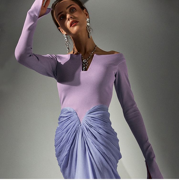 Long-Sleeve Notch Neck Ruched Panel Maxi Sheath Dress