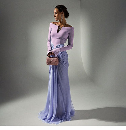 Long-Sleeve Notch Neck Ruched Panel Maxi Sheath Dress