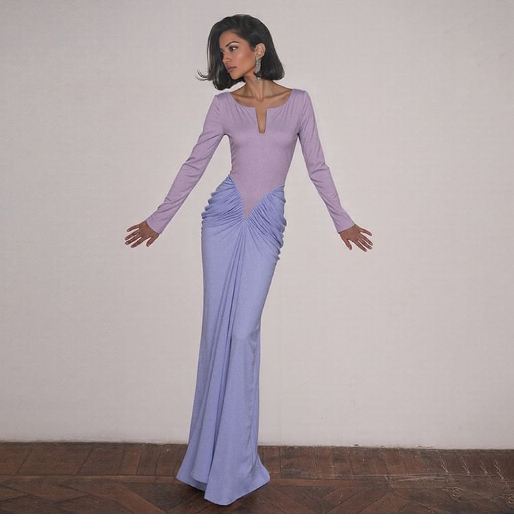 Long-Sleeve Notch Neck Ruched Panel Maxi Sheath Dress