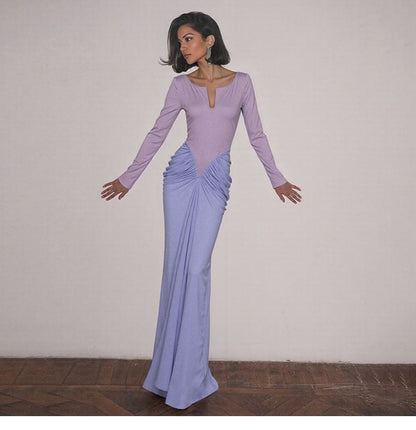 Long-Sleeve Notch Neck Ruched Panel Maxi Sheath Dress