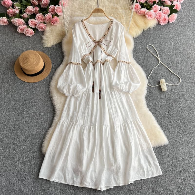 Long-Sleeve V-Neck Contrast Trim Maxi A-Line Dress